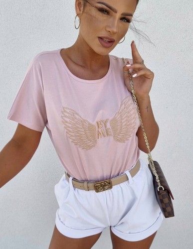Bluzka T-Shirt ZŁOTY HAFT WINGS BY ME pudrowy róż