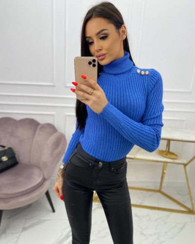 Sweter golf prążek złote guziki niebieski