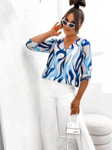 Bluzka koszulowa RippleV Top niebiesko- beżowa