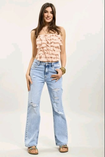 Spodnie jeans z szeroką nogawką i przetarciami Toxik L21462