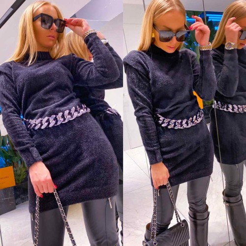 Sukienka LARA alpaka czarna + pasek ŁAŃCUCH