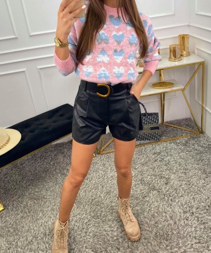 Szorty z wysokim stanem eleganckie Spodenki z paskiem skóra ekologiczna 